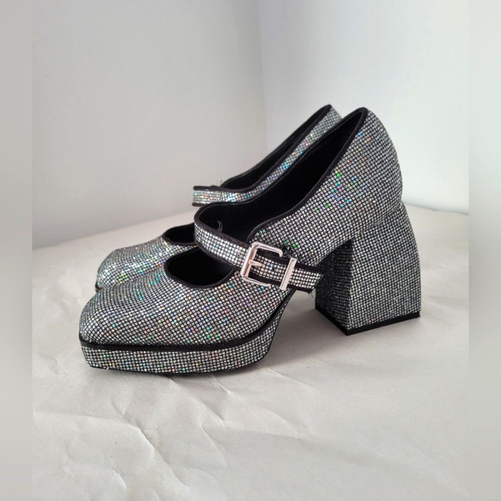 Sparkle Chunky Heel Platform Mary Jane Buckle Shoes Disco Glitter Bratz GB 7.5 - Picture 2 of 10